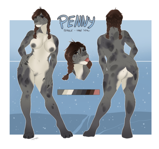 anthro biped breasts brown_hair butt chest_tuft claws compass_(artist) digitigrade female fur genitals grey_body grey_fur hair hand_on_hip harp_seal hi_res mammal marine model_sheet nipples nude one_eye_closed pigtails pinniped pussy seal short_tail slightly_chubby solo standing tongue tongue_out tuft whiskers wide_hips wink // 1400x1313 // 674.0KB