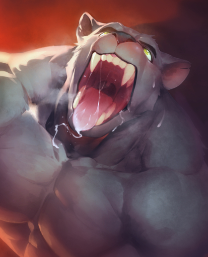 2015 abs anthro athletic big_muscles black_nose bodily_fluids clothed clothing digital_media_(artwork) drooling eyebrows fangs fur gaping_mouth grey_body grey_fur high-angle_view male mammal muscular muscular_anthro muscular_male nude null-ghost open_mouth pecs saliva solo teeth tongue tongue_out topless unknown_species uvula yellow_eyes // 747x926 // 838.9KB