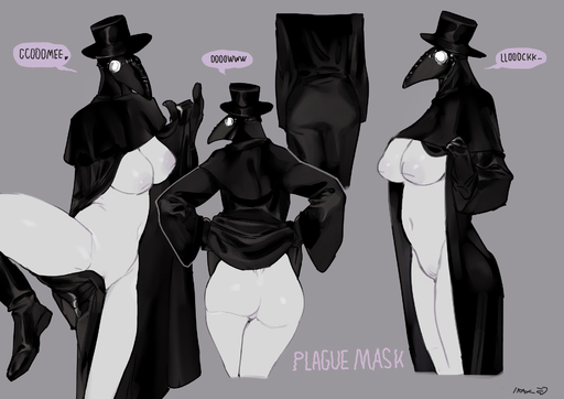 <3 animal_mask areola beak_mask bebebebebe boots breasts butt clothing dialogue female footwear genitals gloves grey_background handwear hi_res humanoid mask nipples plague_doctor pussy pussy_tuft rear_view signature simple_background solo speech_bubble text // 1880x1329 // 321.9KB