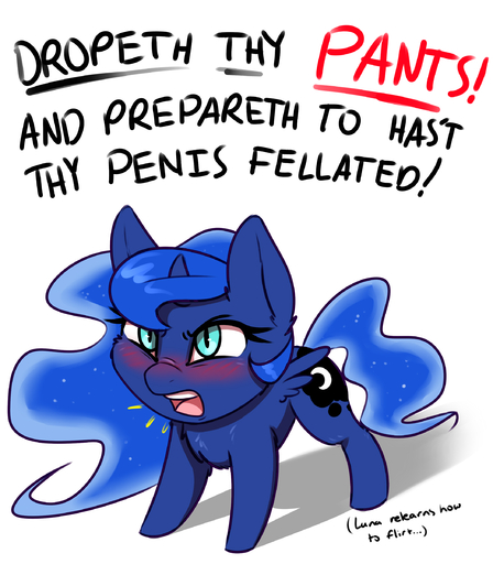 absurd_res blue_body blue_eyes blue_feathers blue_fur blue_hair blue_horn blush cutie_mark dialogue english_text equid equine eyelashes feathered_wings feathers female feral friendship_is_magic fur hair hasbro hi_res hooves horn horse humor long_hair mammal my_little_pony open_mouth pink_tongue princess_luna_(mlp) pudgeruffian simple_background solo standing teeth text tongue white_background winged_unicorn wings // 2100x2400 // 1.0MB