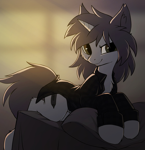 brown_eyes clothing cutie_mark equid equine fan_character female feral fur grey_body grey_fur hair hioshiru hooves horn horse kate_(hioshiru) mammal purple_hair simple_background smile solo unicorn // 1025x1067 // 888KB