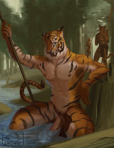 2016 abs anthro balls blush bottomwear bottomwear_aside chunie clothed clothing clothing_aside day detailed_background digital_media_(artwork) embarrassed erection felid fur genitals group hi_res humanoid_genitalia humanoid_penis jungle loincloth loincloth_aside looking_back male mammal melee_weapon muscular nipples open_mouth outside pantherine penis plant polearm pose river skimpy solo_focus spear stripes teeth tiger tree tribal unwanted_erection water weapon // 984x1280 // 350.4KB