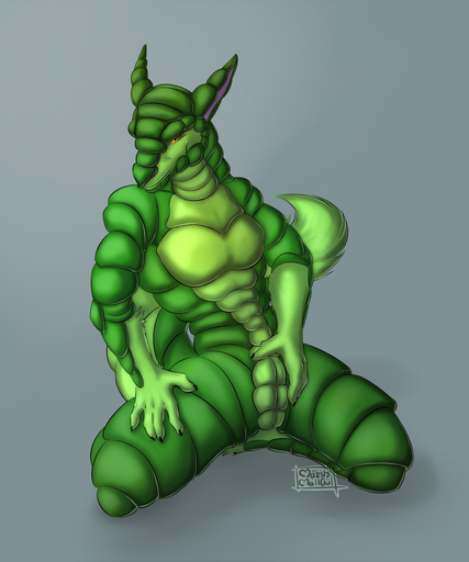 5:6 5_fingers dragon fingers fur green_body green_fur green_scales hi_res htess hybrid kneeling looking_at_viewer male marshmallow_(artist) multicolored_body multicolored_scales nude pose scales sergal simple_background smile smirk solo two_tone_body two_tone_scales yellow_eyes // 1000x1200 // 624.8KB