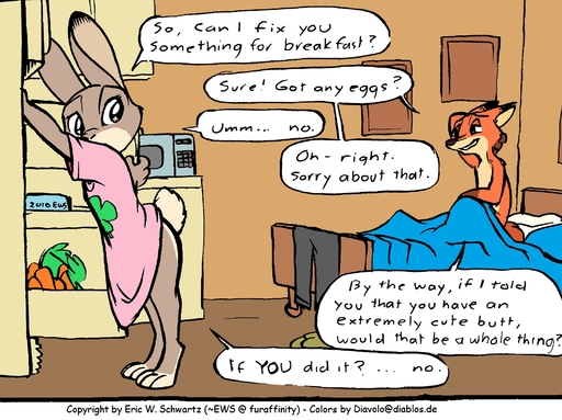 2016 3_toes 4_fingers anthro barefoot bed biped bottomless bottomwear canid canine carrot clothed clothing color_edit colored comic dialogue diavololo disney duo edit english_text eric_schwartz feet female fingers food fox fridge fur furniture grey_body grey_fur hand_behind_head hi_res inside judy_hopps lagomorph leporid line_art looking_back male mammal morning_after nick_wilde nude on_bed orange_body orange_fur oversized_shirt pants partially_clothed plant plantigrade rabbit red_body red_fur rubbing_head side_view sitting speech_bubble standing teeth text tiptoes toes under_covers vegetable zootopia // 2112x1580 // 559.6KB