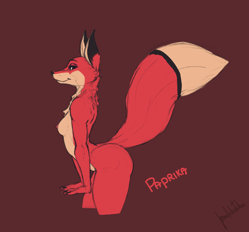 2019 anthro bedroom_eyes breasts brown_background canid canine digital_media_(artwork) female fox fur half-closed_eyes mammal narrowed_eyes nipples paprika_(pixelsketcher) pixelsketcher red_fox seductive simple_background small_breasts smile solo vulpes // 866x807 // 151.0KB