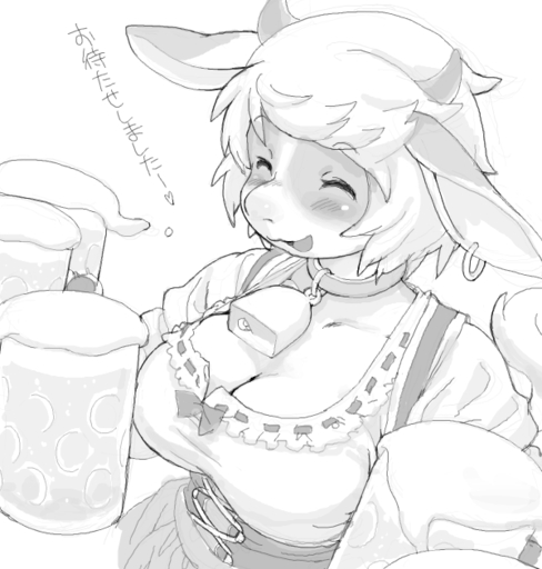 <3 alcohol anthro barmaid beer beverage big_breasts black_and_white blush bovid bovine breasts cattle cleavage clothed clothing collar cowbell digital_media_(artwork) dirndl ear_piercing eyes_closed female food hair happy high-angle_view horn japanese_text kemono kikurage mammal monochrome open_mouth piercing ribbons shaded short_hair simple_background slightly_chubby smile solo text translated ushi white_background // 600x630 // 150.9KB
