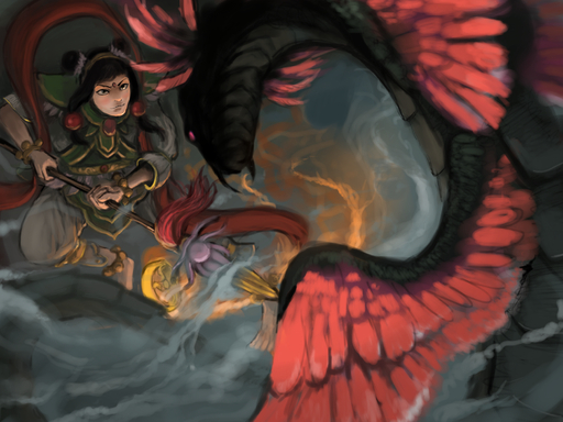 2014 4:3 avian black_hair couatl detailed_background digital_media_(artwork) duo feathered_snake feathers hair hi_res holding_object holding_weapon human mammal melee_weapon nezha_(deity) polearm reptile scalie shwonky smite snake spear weapon // 2000x1500 // 2.7MB
