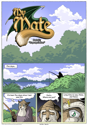 ! age_difference aldus anthro beard canid canine comic day dialogue english_text facial_hair fishing fishing_rod forest fox geminisaint green_eyes hi_res lake male mammal meadow older_male outside plant solo text tree // 896x1280 // 438.0KB