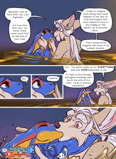2019 anthro blue_eyes canid canine comic dialogue digital_media_(artwork) duo english_text female fennec fox hair hi_res kissing male mammal nude open_mouth orange_eyes partially_submerged reptile scalie shen_(zummeng) snake speech_bubble text url vulpes water white_hair zaphira_(zummeng) zummeng // 1169x1600 // 1.1MB
