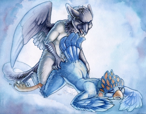 2016 all_fours anthro anthro_on_anthro avian beak bird blue_body blue_feathers bodily_fluids butt cum cum_on_butt doggystyle dripping drooling duo eyes_closed feathered_wings feathers female from_behind_position genital_fluids gryphon headphones male malefemale mythological_avian mythology nude pussy_juice ruaidri saliva sex tail_feathers talons wings // 1280x1002 // 337KB