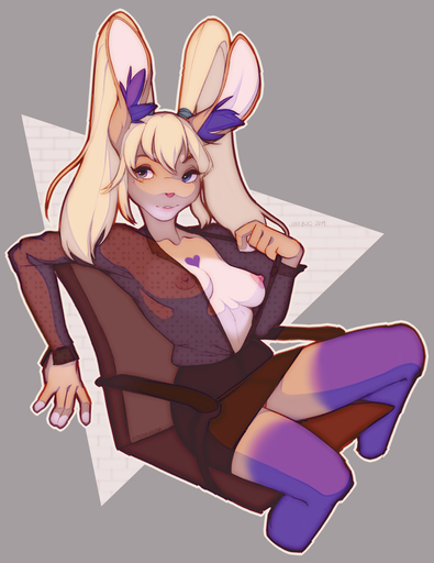 anthro biped blonde_hair breasts clothed clothing female flashing hair hi_res junebuq lagomorph leporid looking_at_viewer mammal nipples rabbit sitting smile solo // 981x1272 // 544.3KB