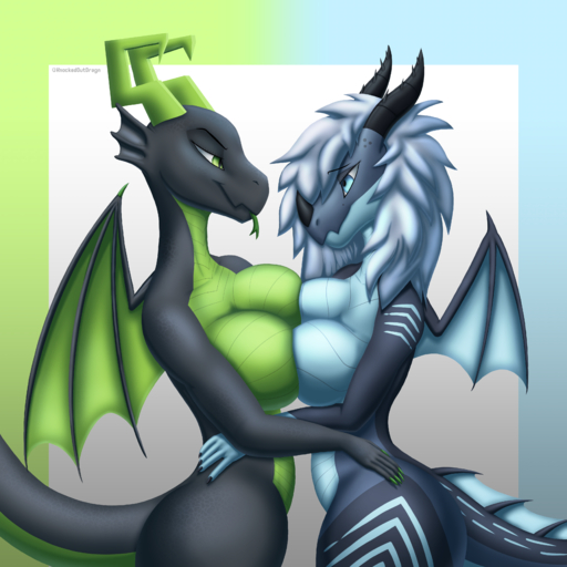 absurd_res anthro big_breasts black_body blue_body blue_eyes blue_heart breast_squish breasts colored_nails curvy_figure dragon duo eye_contact female femalefemale gradient_background green_body green_eyes green_nails green_scales green_tongue hair hand_on_hip hi_res kaya_(knockedoutdragon) knockedoutdragon looking_at_another membrane_(anatomy) membranous_wings nails nira_(unrealcereal) scales scalie simple_background squish thick_thighs tongue unrealcereal western_dragon white_hair wings // 3500x3500 // 5.4MB