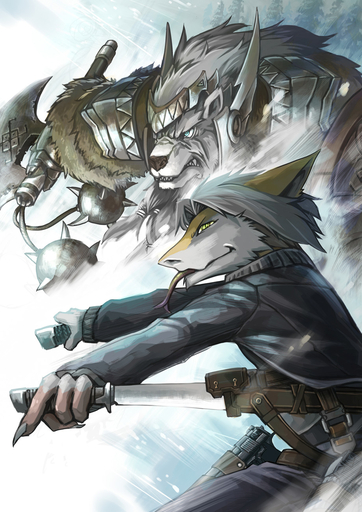 angry anthro arctic blue_eyes claws clenched_teeth clothed clothing fangs friends fur gun hair hi_res jacket johnsergal_(character) kemono leather link2004 male mammal melee_weapon mythology open_mouth ranged_weapon russia sergal silver_hair smile sword teeth tongue tongue_out topwear ursid weapon yellow_eyes // 919x1300 // 325.6KB