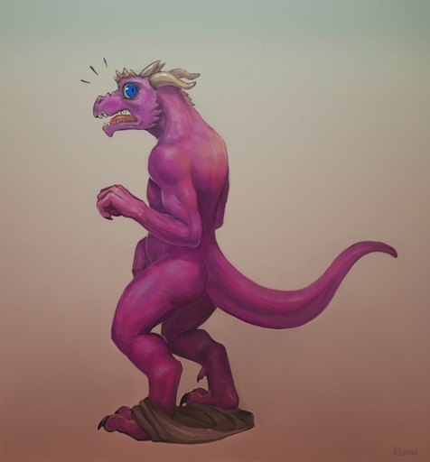 ambiguous_gender anthro biceps blue_eyes butt claws digitigrade hi_res horn klongi kobold looking_at_viewer nude open_mouth pink_body pink_scales pink_skin reptile scales scalie simple_background solo teeth toe_claws // 1191x1280 // 100.2KB
