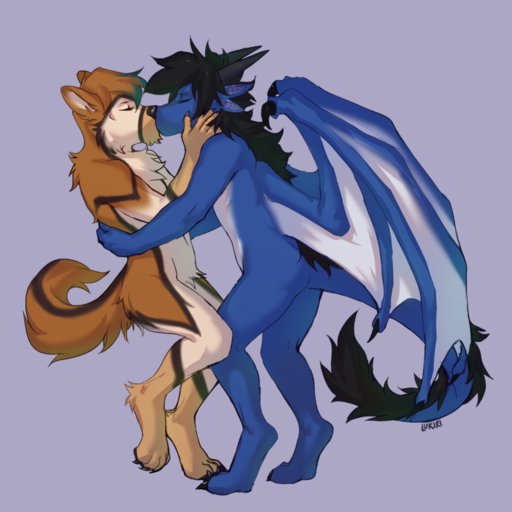 1:1 5_fingers anthro anthro_on_anthro brown_body brown_fur canid canine canis digital_media_(artwork) domestic_dog dragon fingers fur furred_dragon gonewiththefart kissing male malemale mammal membrane_(anatomy) membranous_wings purple_background simple_background wings // 1050x1050 // 678.7KB