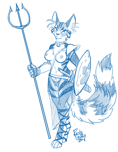 2018 anthro armor aspis baldric bell belt choker collar felid female fluffy fluffy_ears fluffy_tail hoplon jewelry looking_at_viewer mammal melee_weapon monochrome necklace nipples polearm pose rick_griffin scabbard shield signature sketch solo striped_tail stripes sword trident warrior weapon // 744x963 // 189.9KB