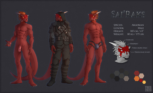 2020 anthro argonian armor balls boots bulge clothed clothing digital_media_(artwork) english_text feathers flaccid footwear foreskin genitals hi_res horn jockstrap leather leather_armor lizard male model_sheet muscular muscular_anthro muscular_male nude penis plantigrade reptile sairaks scales scalie simple_background solo text tres-art underwear video_games // 2200x1341 // 1.1MB