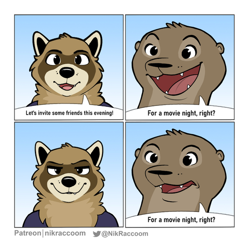 2021 absurd_res anthro clothed clothing comic dialogue duo english_text felix_(nik159) frown hi_res humor innuendo looking_at_another lutrine male mammal meme multiple_scenes mustelid narrowed_eyes nik159 nik_(nik159) open_frown open_mouth open_smile procyonid raccoon shirt smile text topwear url // 3468x3389 // 2.0MB