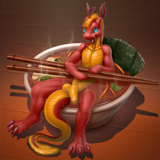 1:1 2014 3_toes 5_fingers anthro asian_mythology balls barbel_(anatomy) bik_(vader-san) blue_eyes casual_nudity chopsticks claws digital_media_(artwork) digitigrade dragon east_asian_mythology eastern_dragon feet fingers flaccid flesh_whiskers food foreskin genitals happy hi_res high-angle_view humanoid_genitalia humanoid_penis looking_at_viewer male micro mythology noodles nude on_food partially_retracted_foreskin partially_submerged penis ramen red_body scalie smile solo soup steam toe_claws toes uncut vader-san // 1400x1400 // 2.0MB