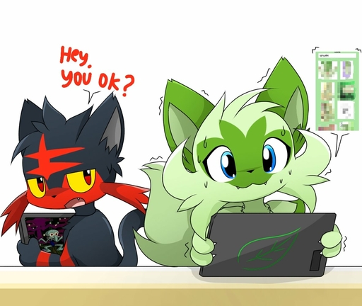 ambiguous_gender bodily_fluids duo english_text female holding_tablet litten looking_at_another looking_back naka_(artist) pokemon_(species) simple_background sprigatito sweat sweatdrop tablet text video_games // 1180x995 // 120.9KB