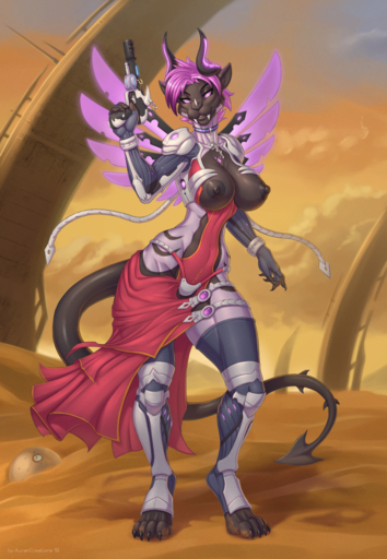 2018 4_toes anthro areola aurancreations barefoot biped breasts detailed_background digital_media_(artwork) dragon feet female fur furred_dragon gun hair hi_res holding_gun holding_object holding_weapon horn hybrid nipples pink_eyes pink_hair ranged_weapon solo toes weapon // 886x1280 // 1.8MB