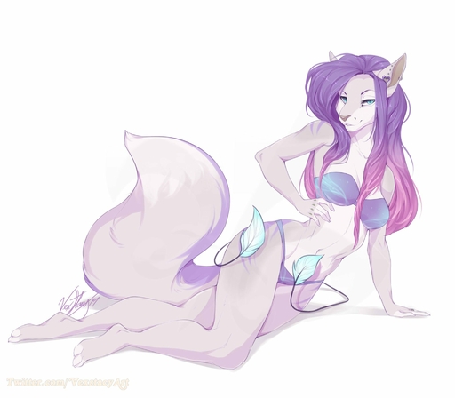 2019 5_fingers anthro barefoot biped blue_eyes bra breasts canid canine clothed clothing digital_media_(artwork) feet female fingers hair hi_res looking_at_viewer mammal midriff navel panties purple_hair simple_background skimpy smile solo underwear vexstacy // 2048x1790 // 168.7KB