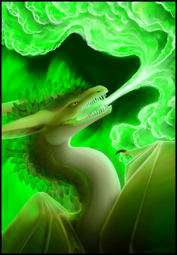 2019 black_border border claws digital_media_(artwork) dragon glacierdragon green_theme hi_res horn membrane_(anatomy) membranous_wings open_mouth solo spines teeth tongue wings wyvern // 1540x2207 // 3.0MB