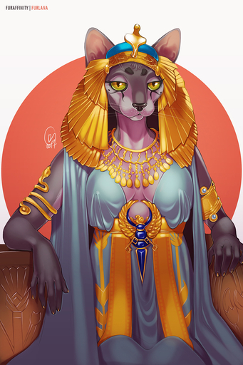 2017 2:3 5_fingers anthro arm_support armlet big_breasts biped black_body black_nose black_skin blue_clothing breasts chair circlet claws cleavage clothed clothing digital_media_(artwork) digital_painting_(artwork) domestic_cat dress egyptian egyptian_clothing egyptian_headdress eye_markings eye_of_horus eyelashes felid feline felis female fingers front_view fully_clothed furlana furniture gem gold_(metal) gold_clothing gold_jewelry green_sclera grey_body grey_skin hairless hairless_cat half-closed_eyes half-length_portrait headdress headgear headwear hi_res humanoid_hands jewelry kalasiris leaning_on_elbow mammal markings multicolored_body multicolored_clothing multicolored_sclera multicolored_skin narrowed_eyes necklace nemes_(clothing) nipple_outline pearl_(gem) pectoral_(jewelry) portrait pupils queen red_background royalty sapphire_(gem) shawl signature simple_background sitting slit_pupils solo sphynx_(cat) throne two_tone_body two_tone_clothing two_tone_sclera two_tone_skin uraeus whiskers white_background wrinkles yellow_claws yellow_sclera // 1000x1500 // 819.0KB