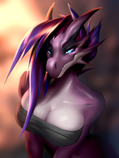 3:4 anthro bandage breasts cleavage clothed clothing dragon female hair hi_res horn looking_at_viewer non-mammal_breasts scalie smile solo xenoda // 975x1300 // 818KB