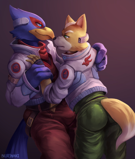 anthro anthro_on_anthro avian beak bird blue_eyes bulge butt canid canine clothed clothing duo embrace falco_lombardi fox fox_mccloud green_eyes hi_res hug male malemale mammal nurinaki tenting video_games // 1950x2300 // 2.6MB