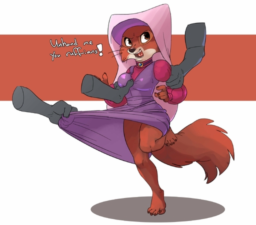 2018 4_fingers 4_toes ambiguous_gender angry anthro assisted_exposure barefoot bottomless breast_grab breasts brown_body brown_eyes brown_fur canid canine clothed clothing dialogue disembodied_hand dress english_text feet female fingers forced fox fur grope hand_on_breast hi_res imminent_rape imminent_sex maid_marian mammal open_mouth simple_background siroc text toes unseen_character wimple // 2355x2070 // 242.3KB