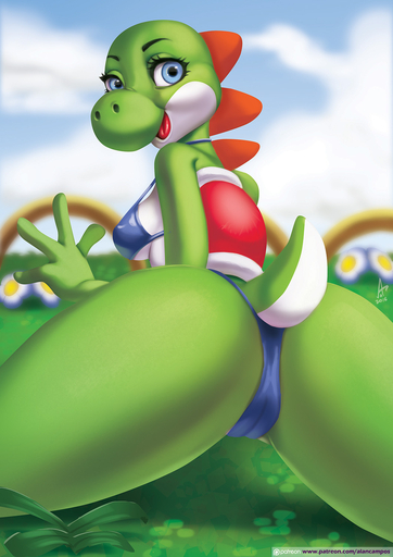 2016 alanscampos anthro bikini blue_eyes breasts butt camel_toe clothing dinosaur female green_yoshi hi_res looking_at_viewer non-mammal_breasts reptile scalie solo swimwear video_games yoshi // 1060x1500 // 254.2KB