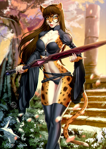 2016 5_fingers alanscampos anthro black_nose breasts cheetah clothed clothing day detailed detailed_background eyelashes felid feline female fingers flower hair hi_res holding_object holding_sword holding_weapon lips long_hair looking_at_viewer mammal melee_weapon midriff navel outside plant solo stairs standing sword weapon wide_hips yellow_eyes // 1060x1500 // 604.1KB