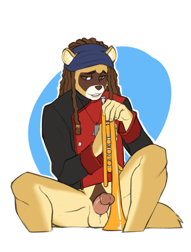 anthro balls bandanna biped bottomless brass_instrument brown_eyes brown_hair canid canine clothed clothing dreadlocks erection faint genitals hair humanoid_genitalia humanoid_penis jacket kerchief looking_away male mammal marching_band musical_instrument penis raccoon_dog sitting solo tanuki topwear trumpet wind_instrument // 757x1000 // 249.5KB