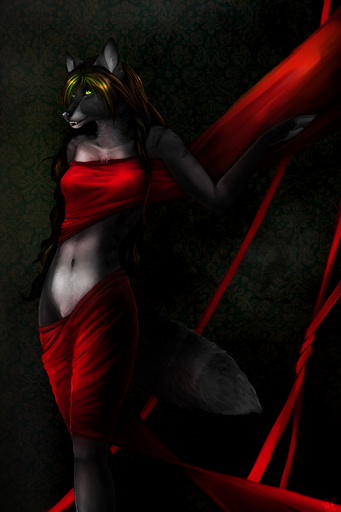 2:3 absurd_res anthro araivis-edelveys black_lips black_nose breasts canid canine canis female fur grey_body grey_fur hair hi_res lips mammal midriff multicolored_hair navel simple_background smile solo teeth white_body white_fur wolf // 2000x3000 // 3.9MB