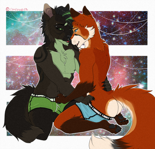 5_fingers anthro blue_eyes briefs bulge butt canid canine canis clothed clothing compass_(artist) duo fingers fox fur hair kneeling male malemale mammal smile topless underwear underwear_down undressing wolf // 1200x1149 // 2.4MB