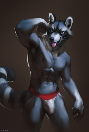 2017 abs anthro armpit_hair black_body black_fur blue_body blue_eyes blue_fur body_hair bulge chunie claws clothed clothing digital_media_(artwork) flexing front_view fur genital_outline hi_res jockstrap looking_at_viewer male mammal markings multicolored_body multicolored_fur muscular muscular_anthro muscular_male navel neck_tuft nipples open_mouth pecs penis_outline portrait procyonid raccoon raised_arm ring_(marking) ringtail simple_background smile solo standing tail_markings three-quarter_portrait tongue tongue_out topless tuft underwear whiskers white_body white_fur // 865x1280 // 258.0KB