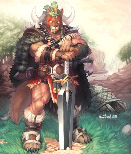 2014 abs anthro armor biceps biped boots brown_body brown_fur canid canine canis cape claws clothed clothing facial_hair fangs footwear fur goatee hair horn looking_at_viewer male mammal melee_weapon muscular muscular_anthro muscular_male nature null-ghost outside pecs sky solo standing sword toe_claws warrior weapon wolf // 852x1000 // 614.1KB