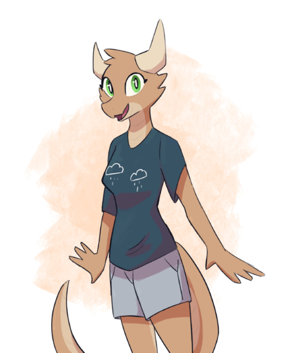 2020 anthro bottomwear brown_body clothing enginetrap female green_eyes hi_res horn open_mouth open_smile portrait scalie shirt shorts simple_background smile solo standing t-shirt three-quarter_portrait topwear // 1946x2392 // 2.4MB