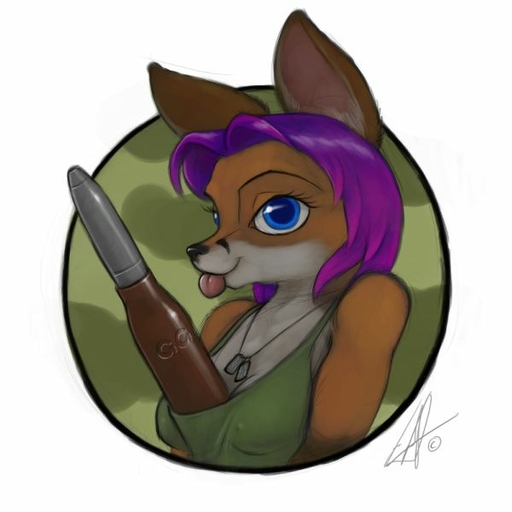 1:1 ammo_fetish ammunition anthro canid canine dog_tags female fox geena_gonorah hair ipoke mammal military purple_hair shell solo tongue // 600x600 // 31.8KB