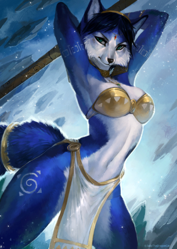 2020 anthro black_nose blue_body blue_fur blue_hair bottomwear bra breasts canid canine cheek_tuft clothed clothing countershading eyelashes facial_tuft female fluffy fluffy_tail fox fur green_eyes hair hands_behind_head hi_res holding_object holding_staff jewelry juliathedragoncat krystal loincloth mammal necklace nintendo portrait solo staff standing star_fox three-quarter_portrait tuft underwear video_games white_body white_fur // 1600x2250 // 5.9MB