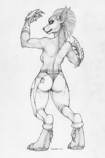 2015 anthro armor bare_back bare_shoulders biped blizzard_entertainment braided_hair breasts butt canid claws clothed clothing ear_piercing ecmajor english_text female fur gauntlets gloves greyscale hair handwear hi_res jewelry looking_at_viewer mammal monochrome muscular muscular_anthro muscular_female piercing simple_background smile solo standing teeth text topless torn_clothing video_games warcraft were werecanid white_background worgen // 1077x1610 // 1.3MB