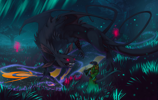ambiguous_gender anthro aurora_borealis black_body black_fur celestial_being cobra detailed_background eidolon feral flamespitter fur glowing glowing_eyes larger_feral outside red_eyes reptile scalie sharp_teeth size_difference smaller_anthro snake teeth unknown_species // 1000x634 // 476.9KB