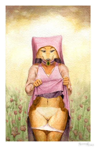 2011 anthro biped border bottomwear brown_eyes canid canine clothed clothing clothing_lift collar digital_media_(artwork) dress female flashing flower fox genitals half-closed_eyes headdress jewelry looking_at_viewer maid_marian mammal meesh midriff narrowed_eyes navel outside painting_(artwork) panties panties_down partially_clothed plant pussy skirt skirt_lift smile solo standing traditional_media_(artwork) underwear underwear_down watercolor_(artwork) white_border wimple // 598x918 // 537.7KB
