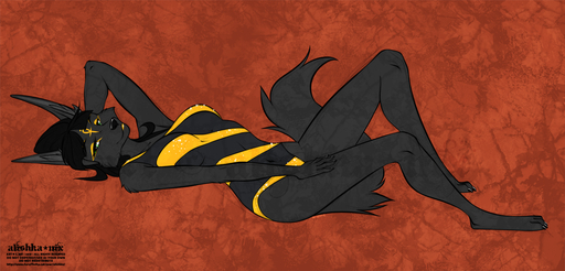 2019 4_toes 5_fingers alishka anthro biped black_body black_fur black_hair canid canine canis digital_media_(artwork) feet female fingers fur hair jackal looking_at_viewer lying mammal on_back smile solo toes // 1280x616 // 853KB