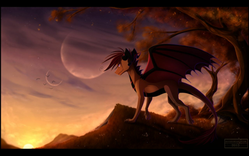 2015 black_bars claws detailed_background digital_media_(artwork) dragon feral hair membrane_(anatomy) membranous_wings outside scalie skaydie sky solo spines standing sunset western_dragon wings // 1280x799 // 860.0KB