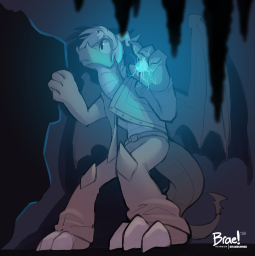 2018 anthro bottomwear braeburned cave clothed clothing digital_media_(artwork) dragon electricity hair hi_res magic male outside pants relight scalie shaded solo topwear vest // 2271x2274 // 2.0MB
