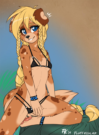 2019 anklet anthro bikini black_nose blonde_hair blue_eyes blush bracelet braided_hair breasts brown_body brown_fur canid canine canis chest_tuft clothing domestic_dog eyelashes female fluff-kevlar fur hair jewelry long_hair looking_at_viewer mammal multicolored_body multicolored_fur navel portrait pose shoulder_tuft small_breasts smile solo spots swimwear tailband three-quarter_portrait tuft under_boob zofie // 708x962 // 230.5KB