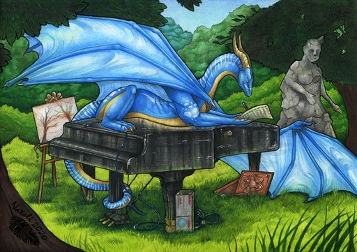 2020 ambiguous_gender blue_body blue_skin claws day detailed_background dragon feral horn keyboard_instrument membrane_(anatomy) membranous_wings musical_instrument natoli outside piano scalie sky solo traditional_media_(artwork) western_dragon wings // 1200x846 // 920.5KB