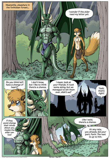 4_toes 5_fingers 5_toes 7:10 abs anthro barefoot biceps biped blue_eyes bottomwear brown_nose canid canine cheek_tuft chest_tuft claws clothed clothing comic day dialogue digital_media_(artwork) digitigrade dragon duo english_text facial_tuft farin feet finger_claws fingers forest fox fur geminisaint green_body half_naked head_tuft hi_res horn light light_beam loincloth male mammal membrane_(anatomy) membranous_wings multicolored_body muscular muscular_male navel nipples open_mouth paws pecs plant plantigrade scalie sekk'ral shrub silhouette size_difference snout speech_bubble spines tan_body tan_fur teeth text toe_claws toes topless tree tuft two_tone_body walking wing_claws wings // 896x1280 // 556.4KB